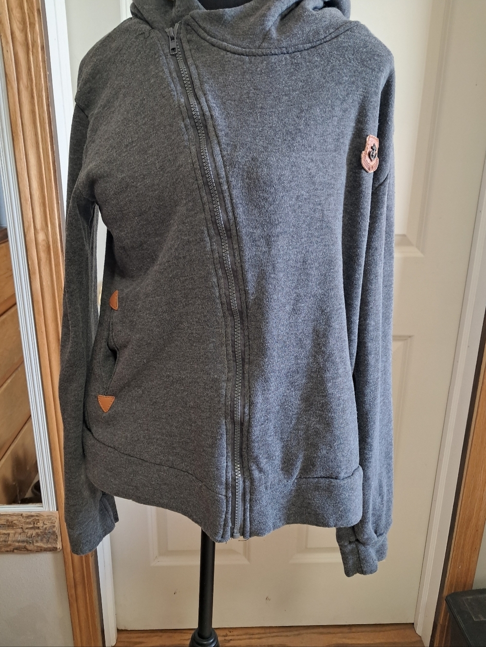 Gray Knit Sweater with Leather Anchor Patch